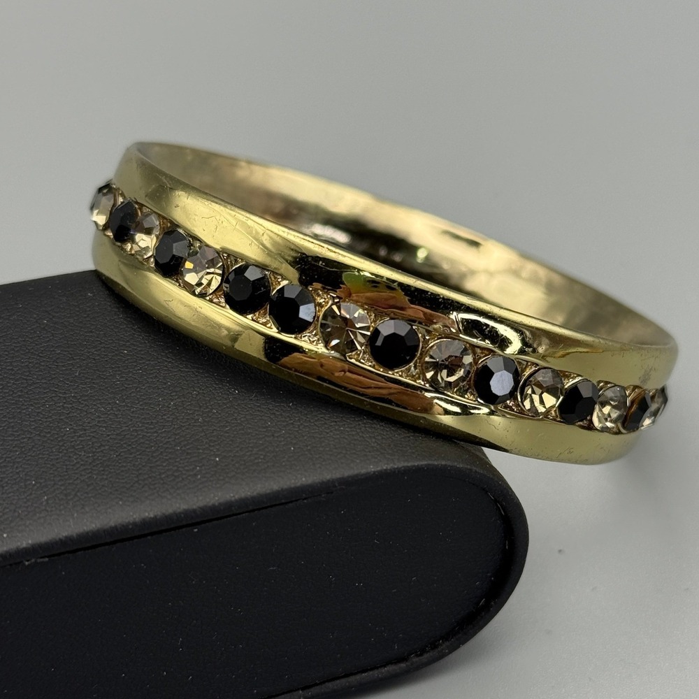 Rhinestone Bangle Bracelet Women 7.5 Gold Black Glam Channel Set
